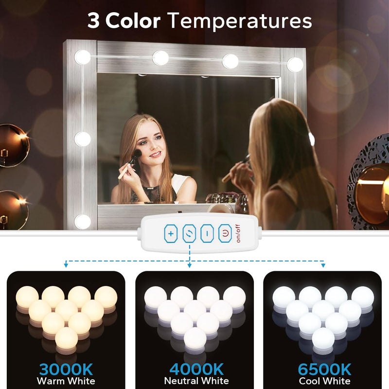 Bairth LED Vanity Lights For Mirror, Vanity Lights Stick on with 10 Dimmable Bulbs, 3000K 4000K 6500K & 10 Level Brightness Adjustable, USB Cable, Hollywood Mirror Lights for Makeup Dressing Room Bathroom - Image 4